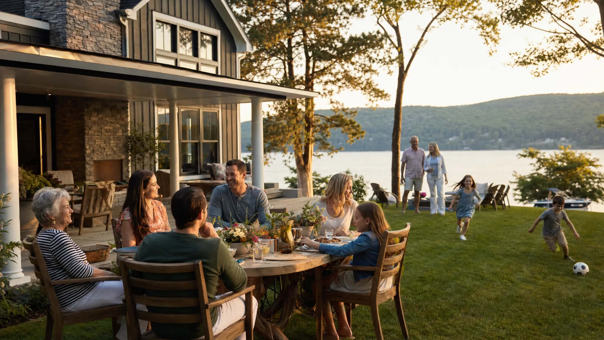 Multigenerational family enjoying dinner and outdoor time at a lake vacation home