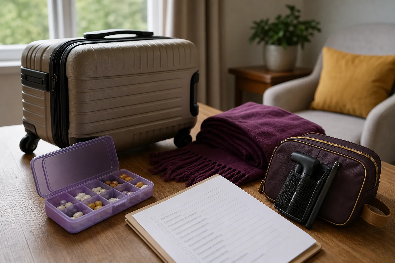 Accessible travel packing items arranged beside a suitcase and checklist