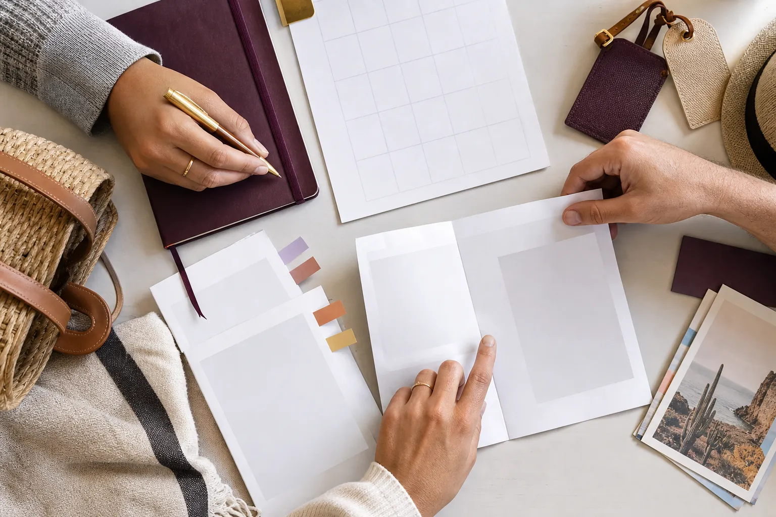 Organized tabletop with itinerary papers, travel tabs, and planning materials