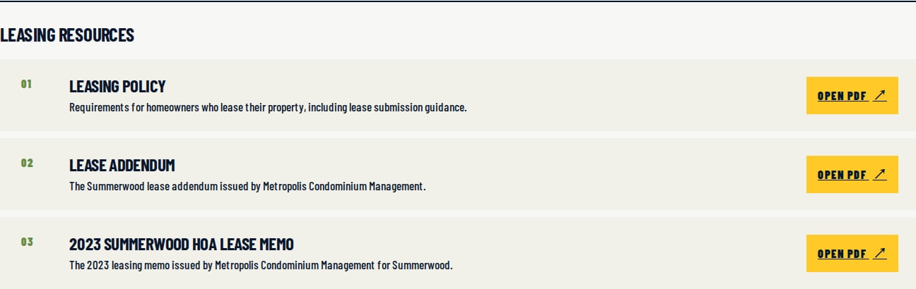 Summerwood leasing policy, lease addendum, and leasing memo in the document library