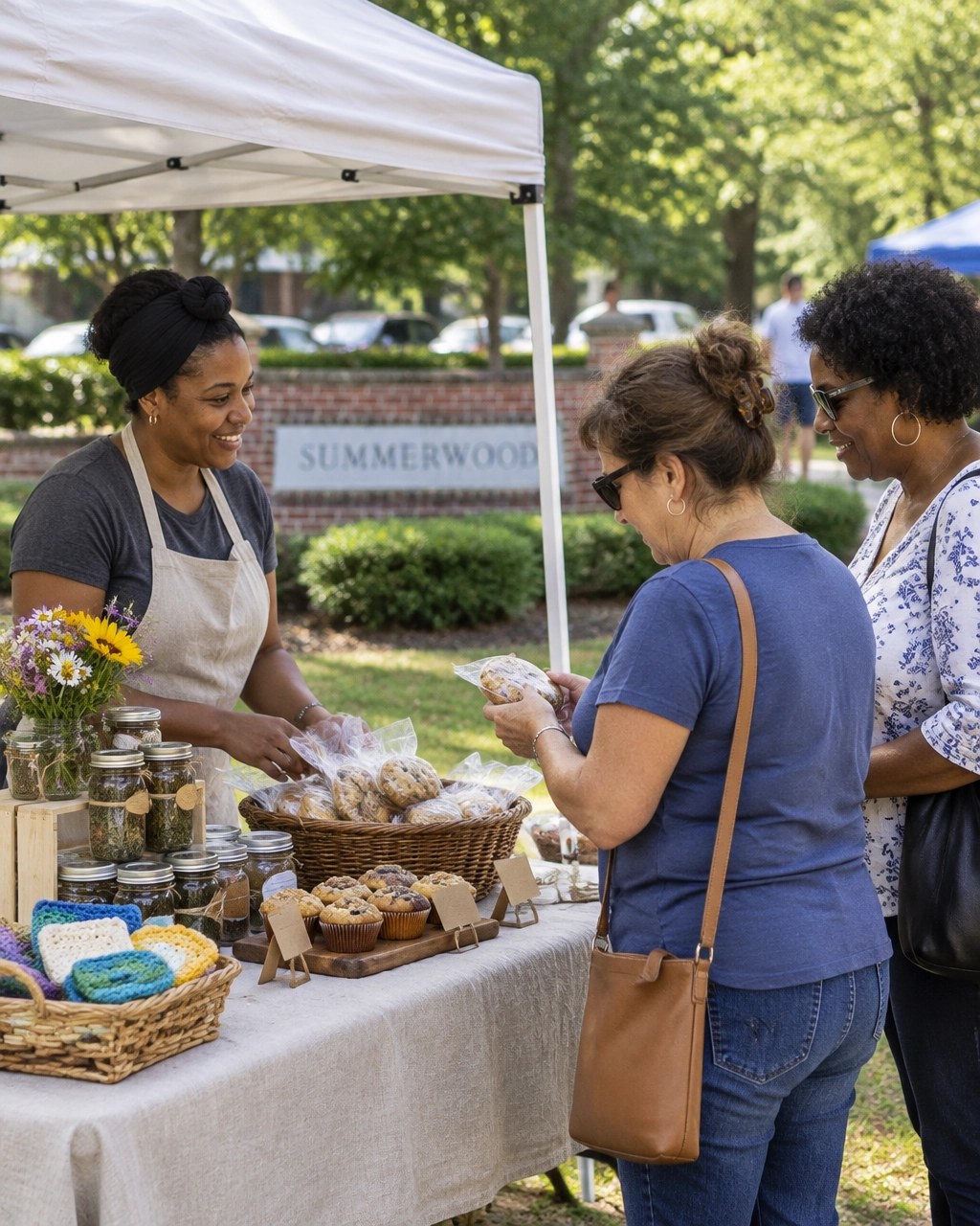 Neighbors meeting at an outdoor local business stall