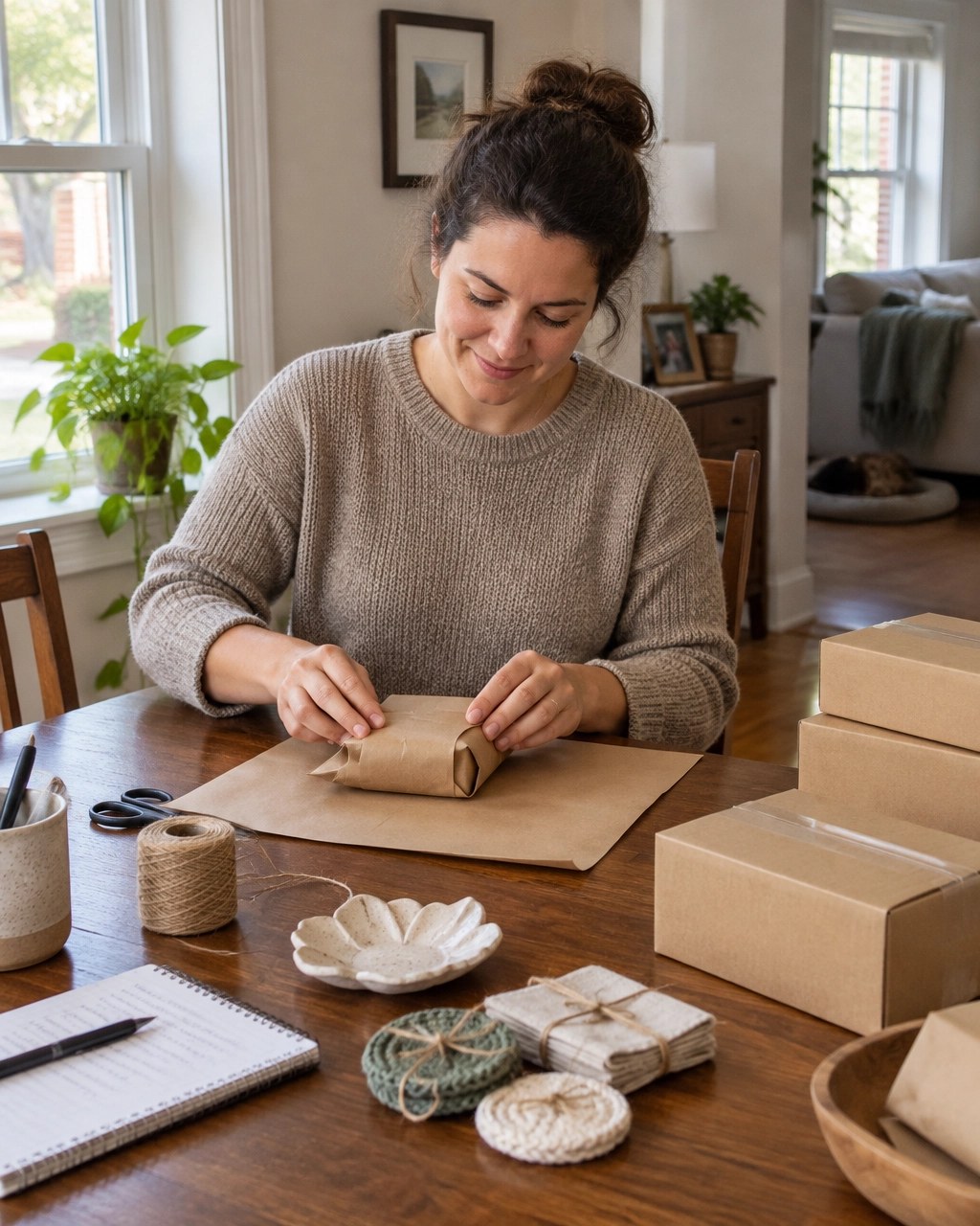 A small business owner preparing packages at home
