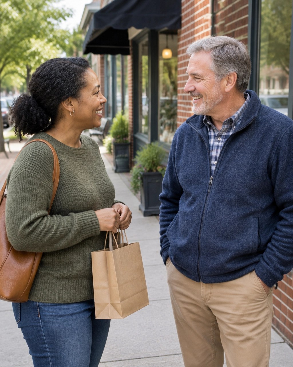 Neighbors connecting outside a local business