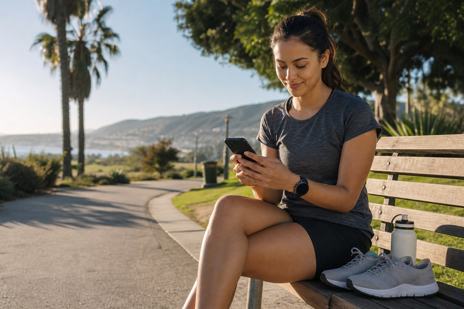 A runner checking group-run details on a phone before heading out