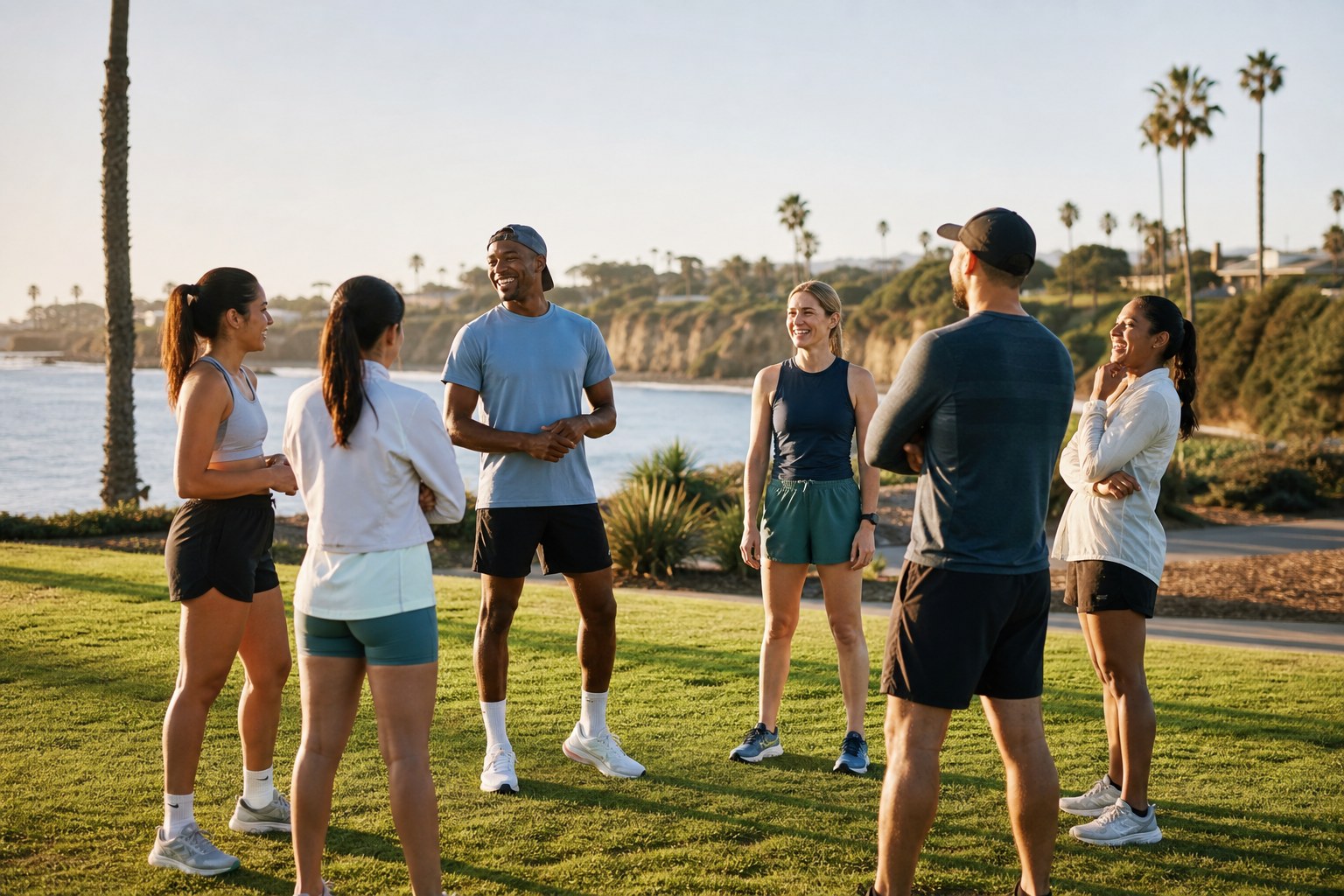 A group of runners gathering by the Southern California coast