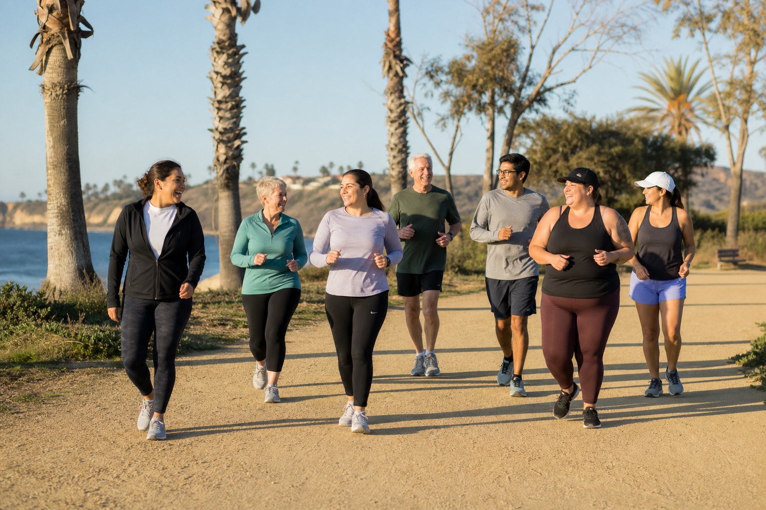 A diverse group of runners and walkers moving together at an easy pace