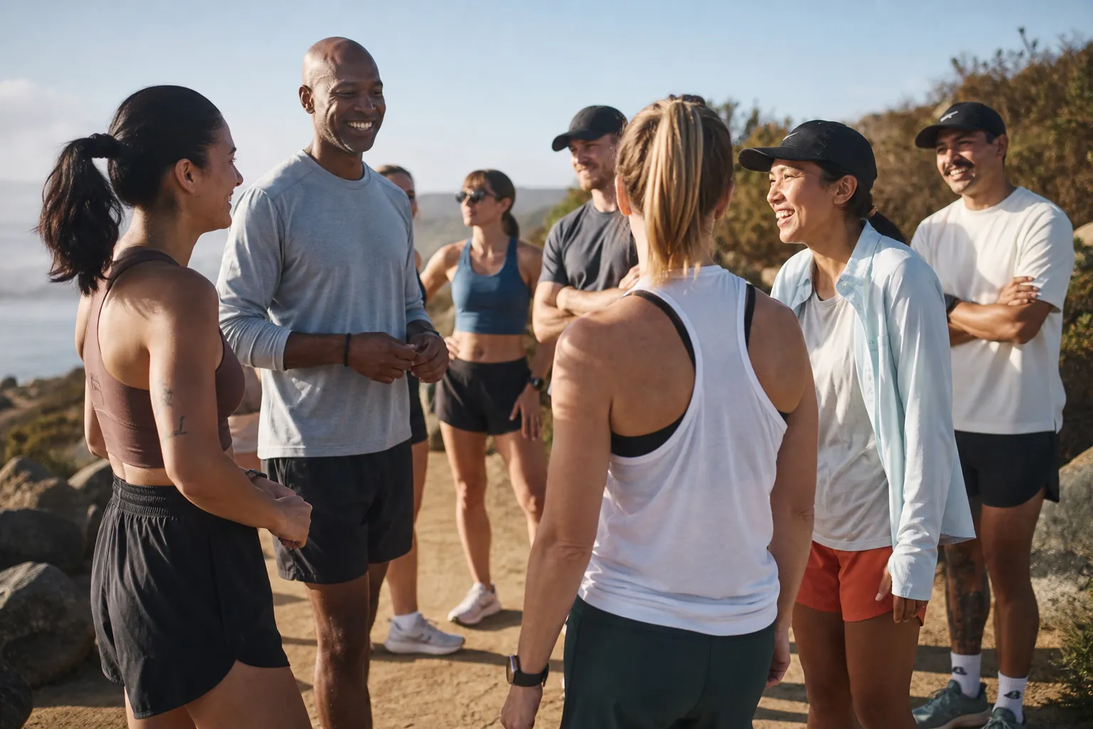 Runners gathering at a North County coastal trailhead