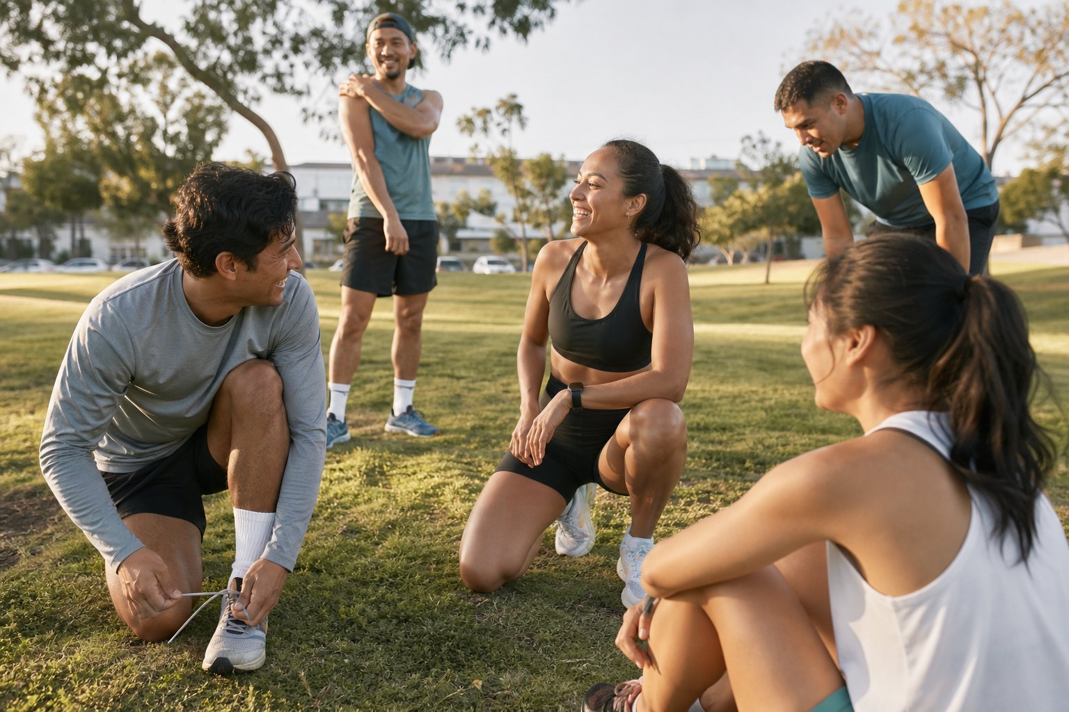 Runners warming up together in a neighborhood park