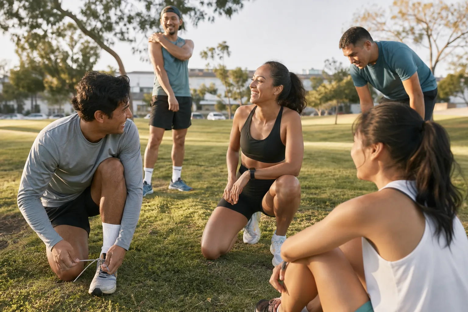 Runners warming up together in a neighborhood park