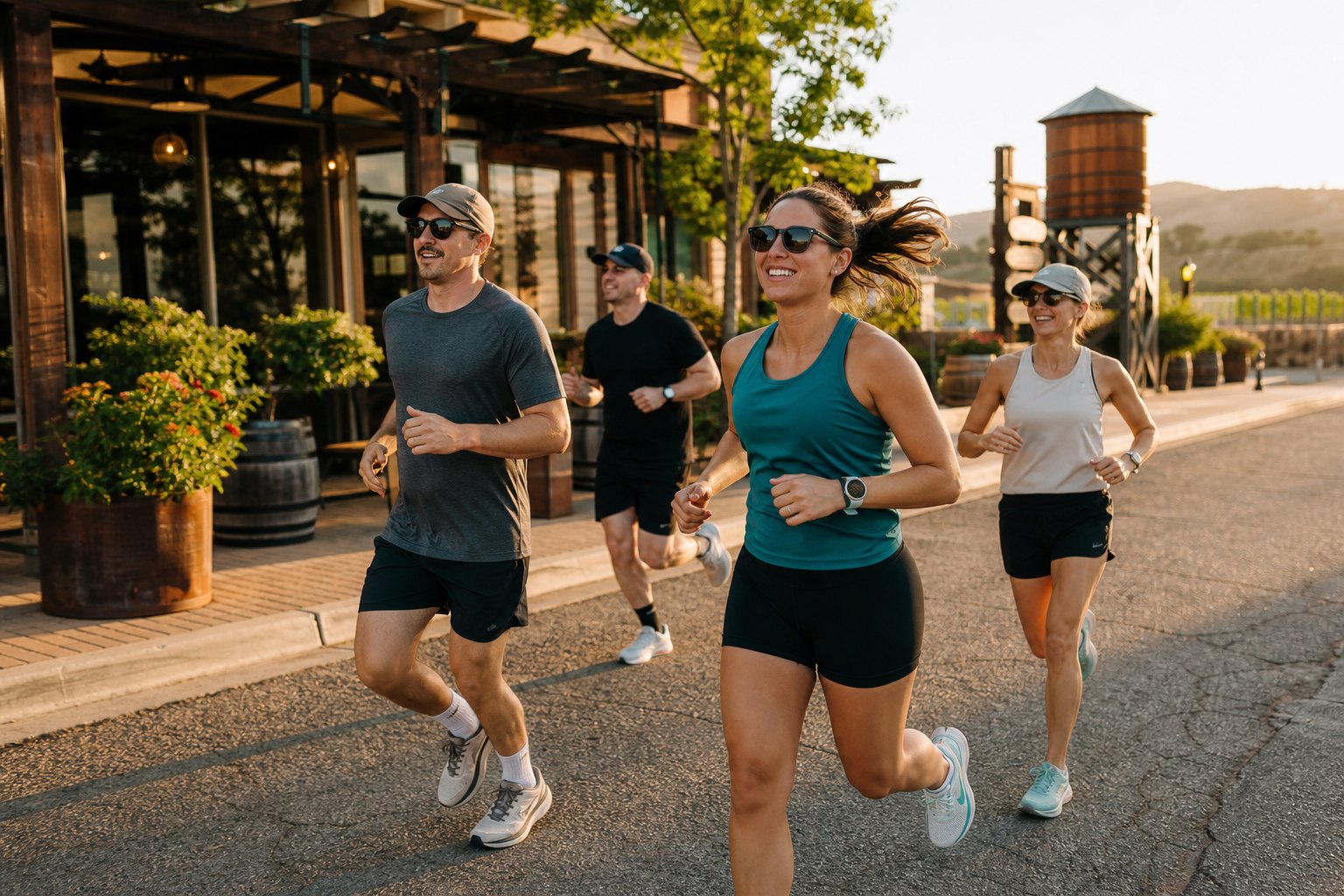 Runners moving through Old Town Temecula at golden hour