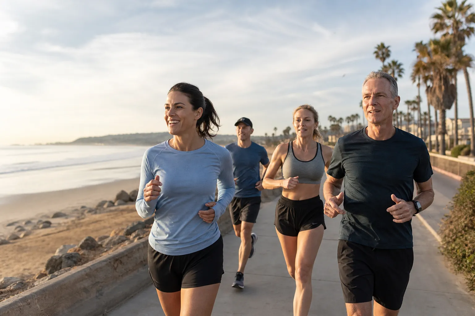 Runners moving together along Pacific Beach
