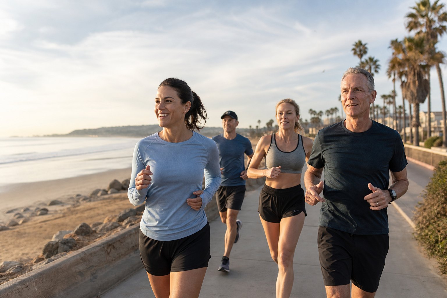 Runners moving together along Pacific Beach