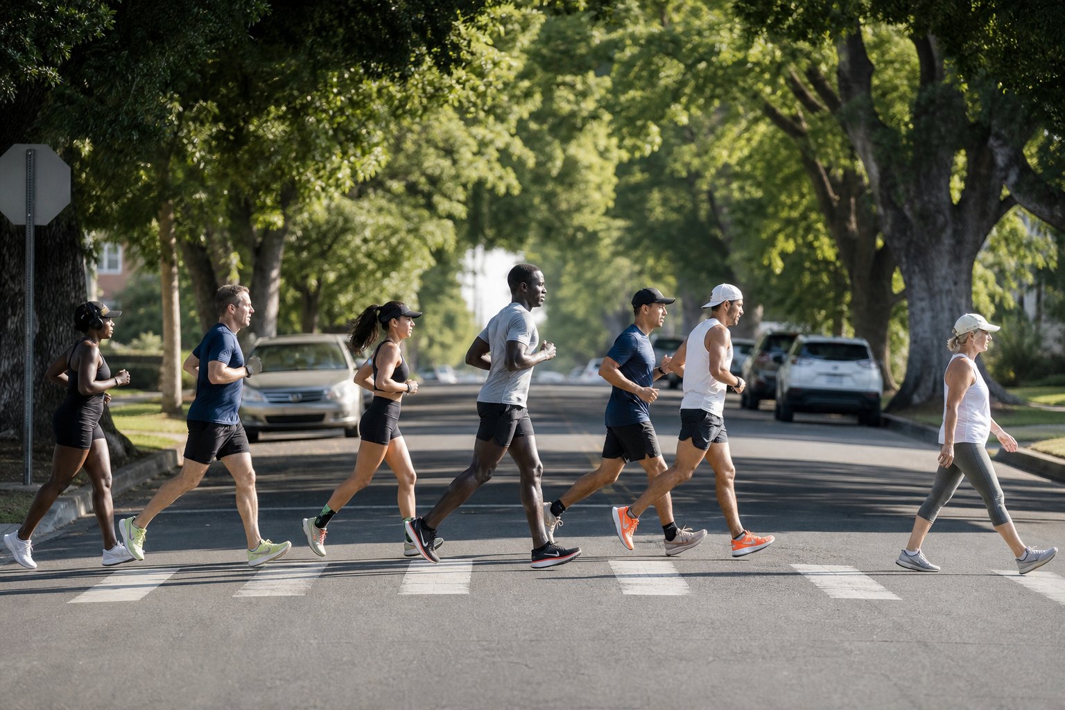 Runners and walkers crossing a Riverside street
