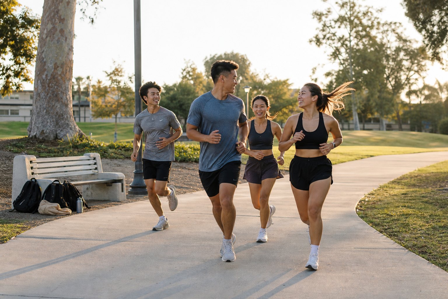 University runners moving along a Riverside campus path