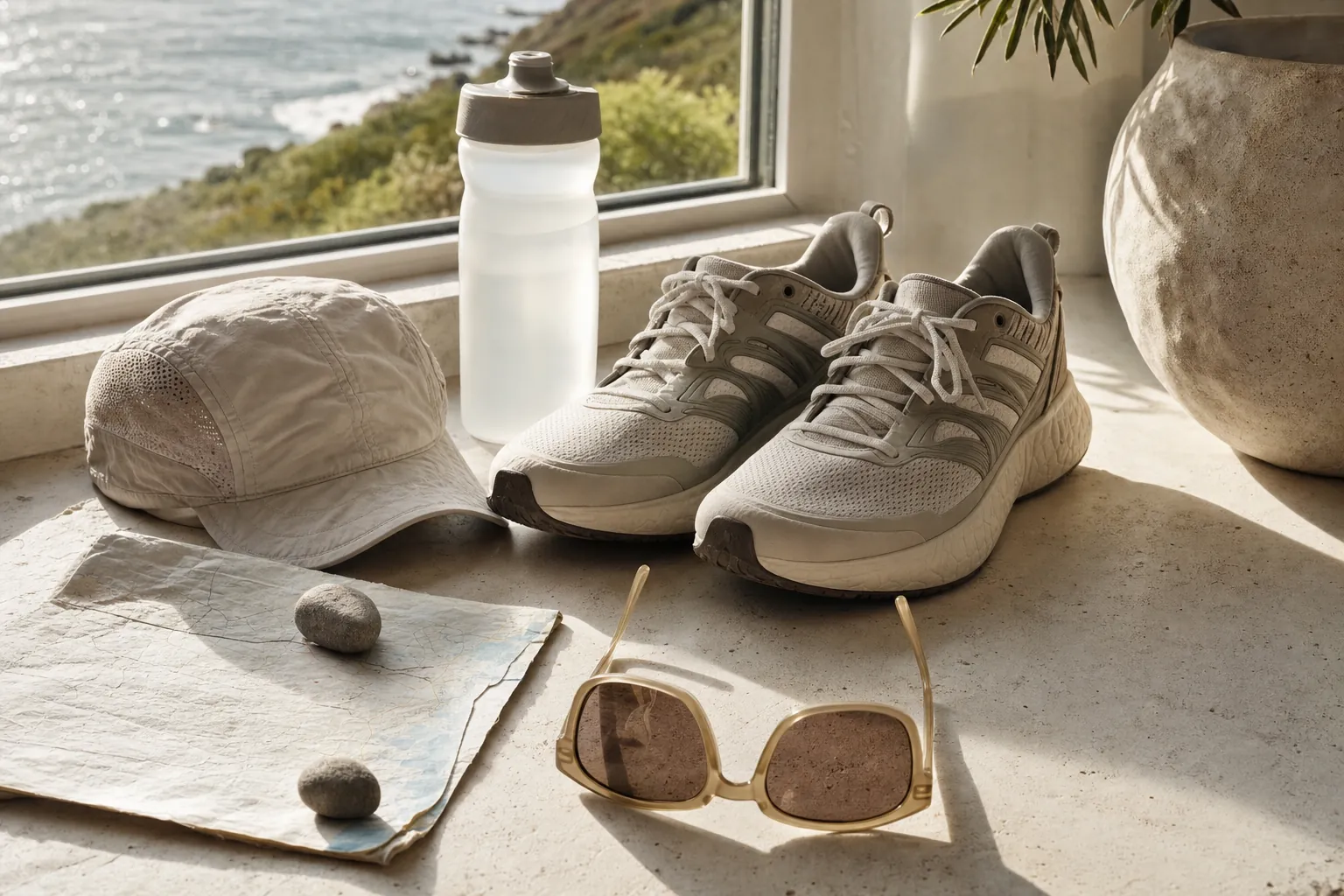 Running shoes and a water bottle beside a sunny window