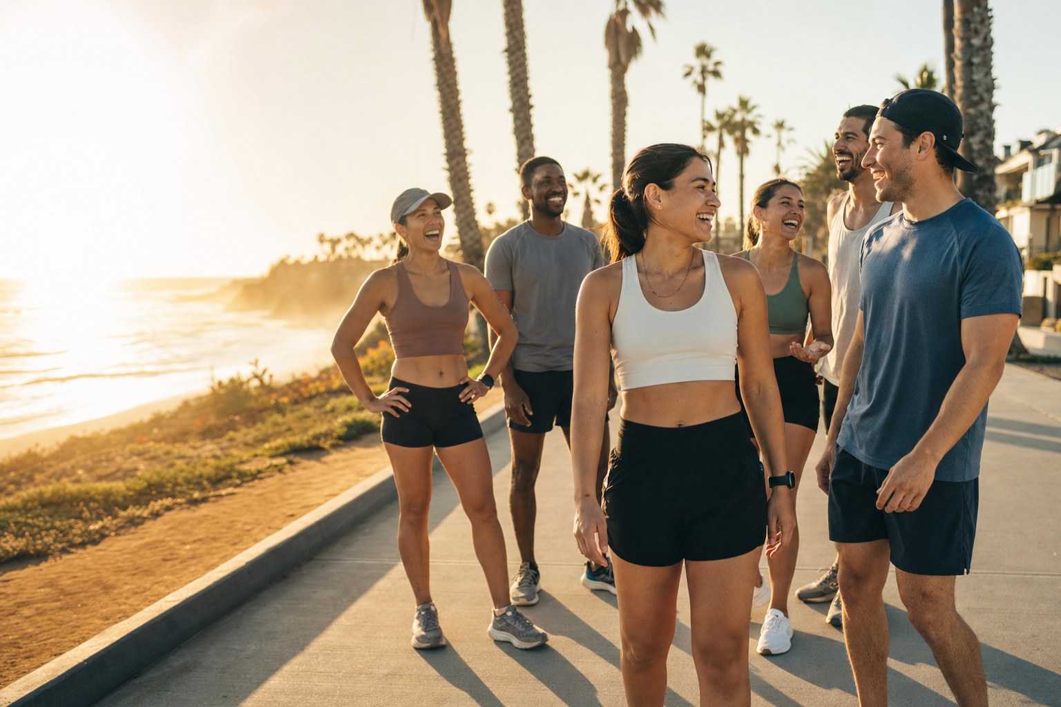 A group of runners together on a Southern California coastal path