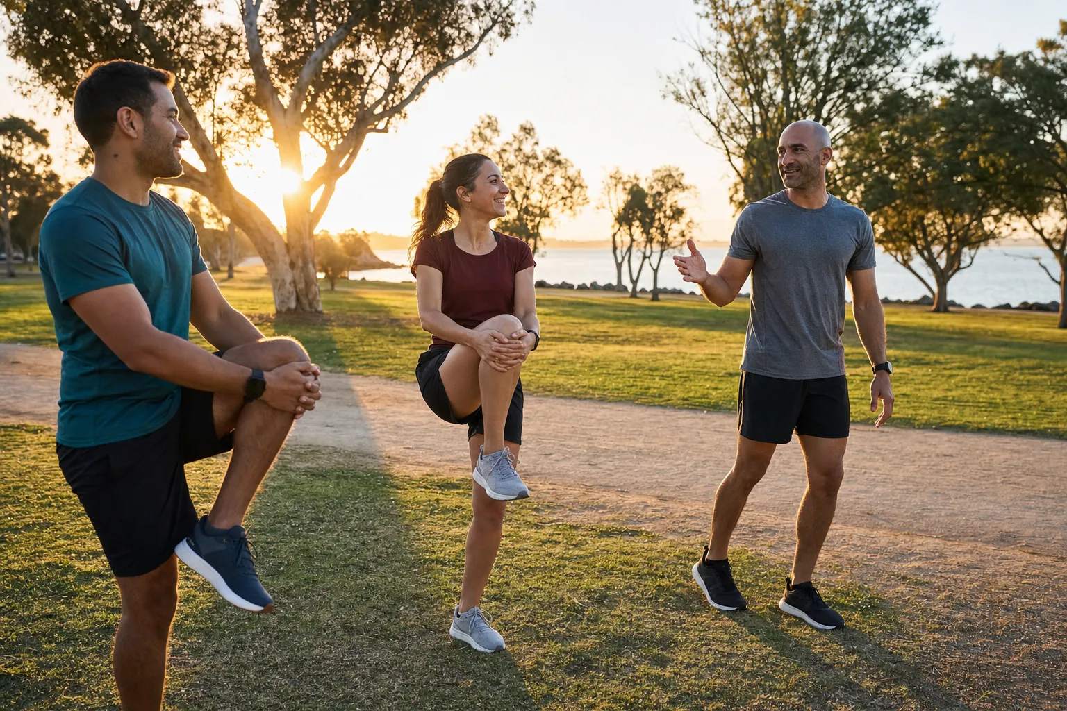 Runners warming up together before an easy run