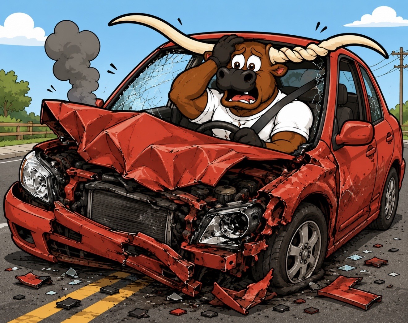 Cartoon longhorn driver sitting in a damaged red car after an accident