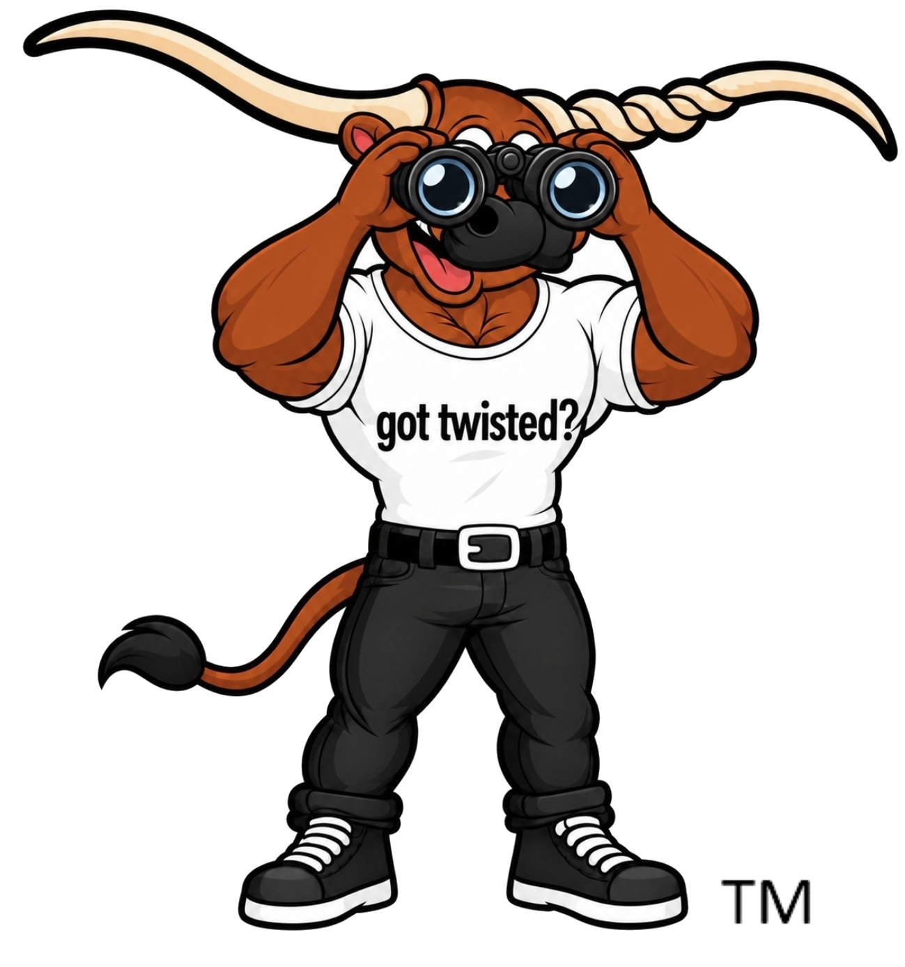 Twisted Spine & Joint longhorn mascot looking through binoculars