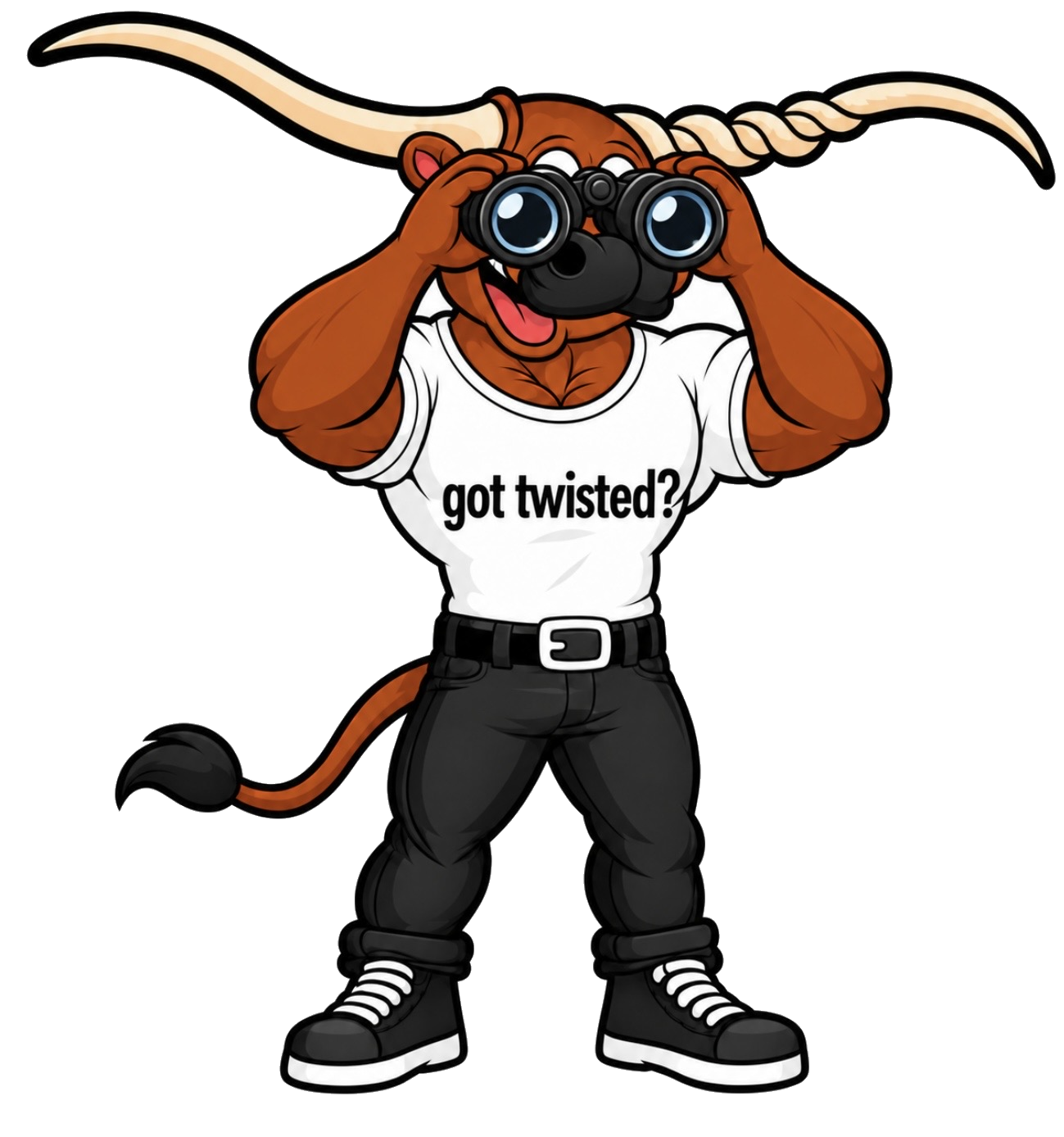 Twisted Spine & Joint Center longhorn mascot looking through binoculars