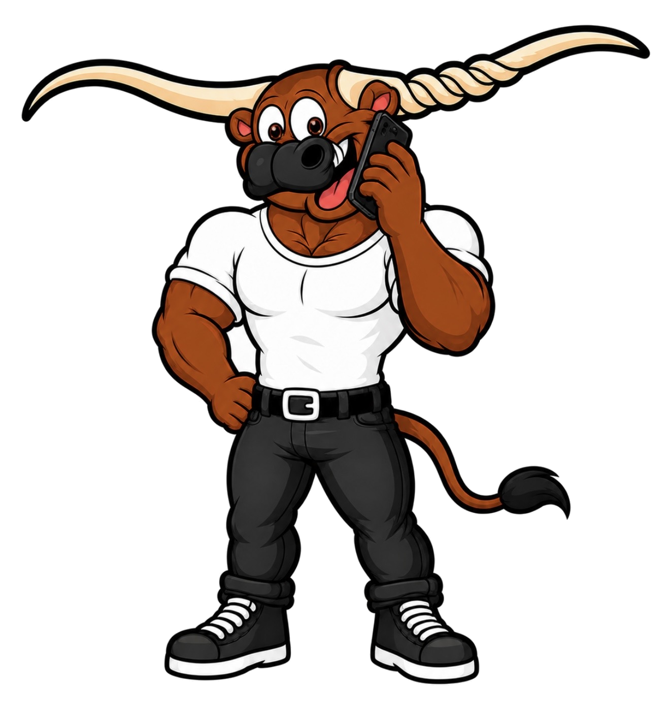 Twisted Spine & Joint Center cartoon longhorn mascot holding a phone