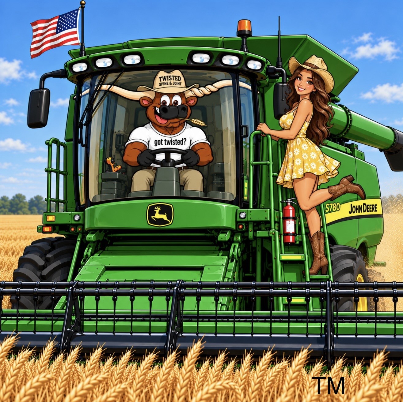 Twisted Spine & Joint Center longhorn mascot in a combine harvester