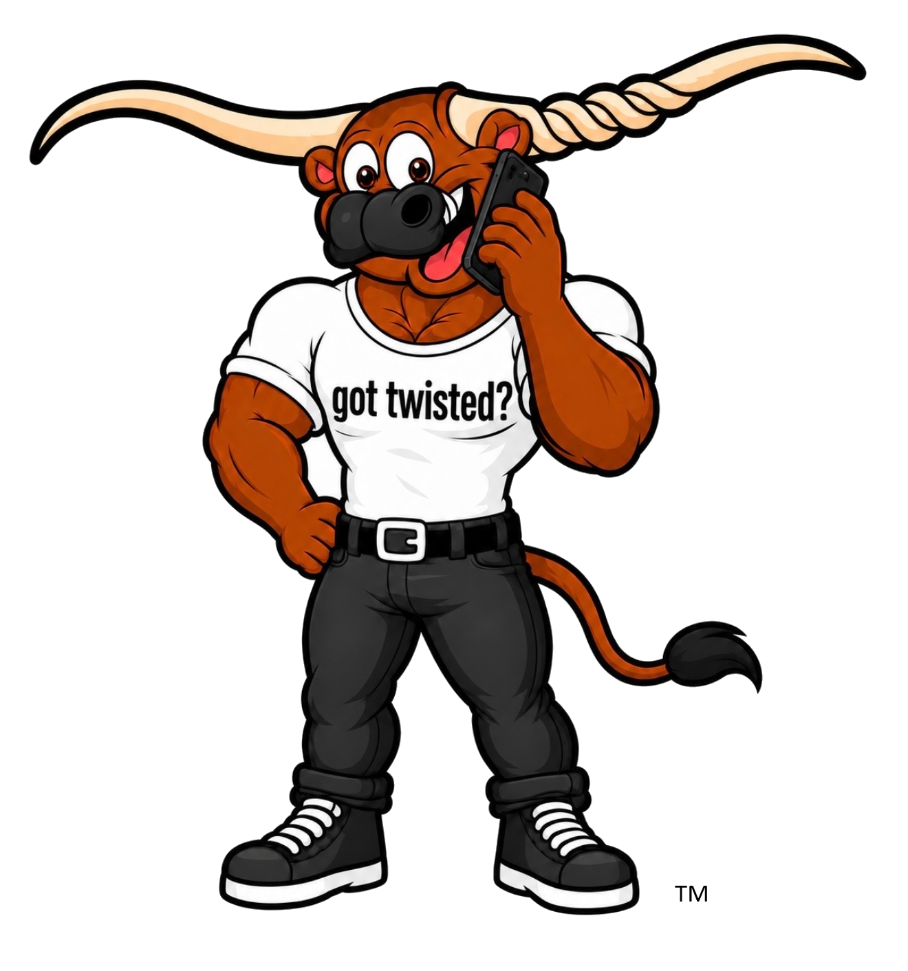 Twisted Spine & Joint cartoon longhorn mascot holding a phone