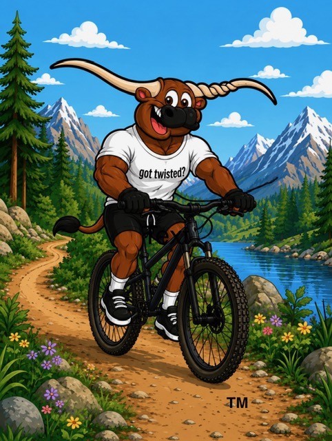 Twisted Spine & Joint Center longhorn mascot riding a mountain bike
