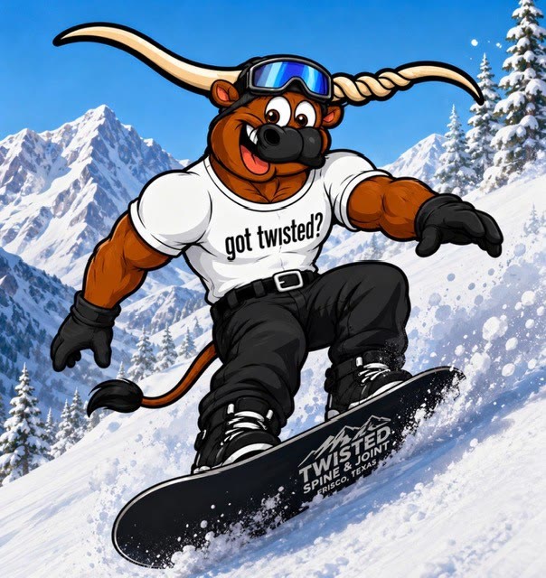Twisted Spine & Joint Center longhorn mascot snowboarding in the mountains
