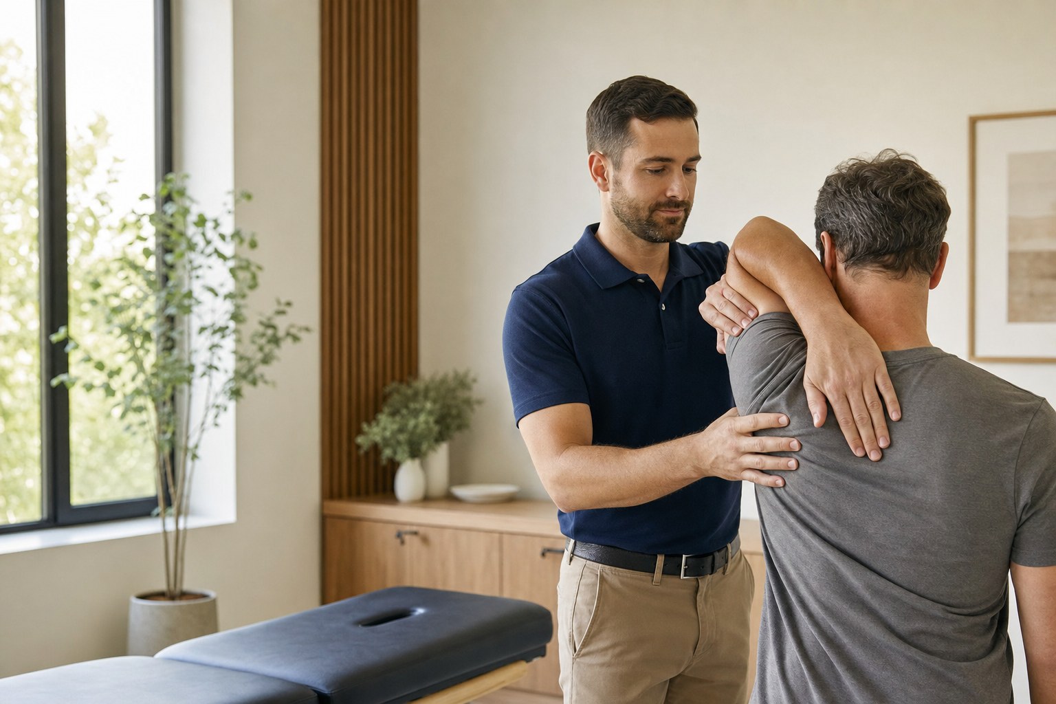 Chiropractor guiding an adult patient through a mobility assessment