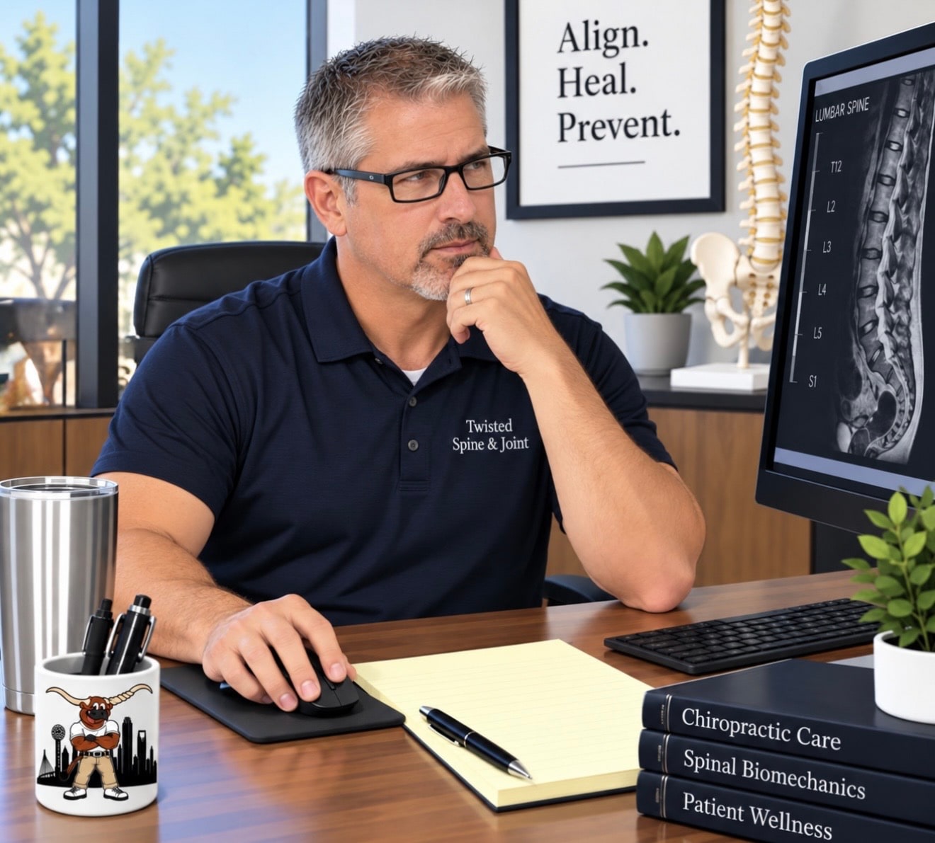 Dr. Bryan Stanton reviewing spine imaging at his desk