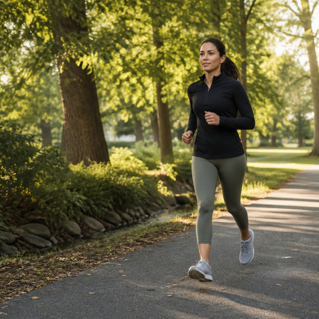 Woman running comfortably outdoors on a tree-lined path