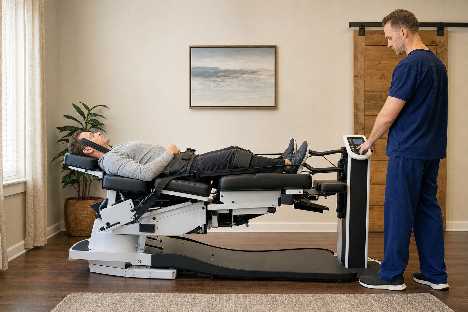 Patient receiving spinal decompression treatment in a calm clinic room