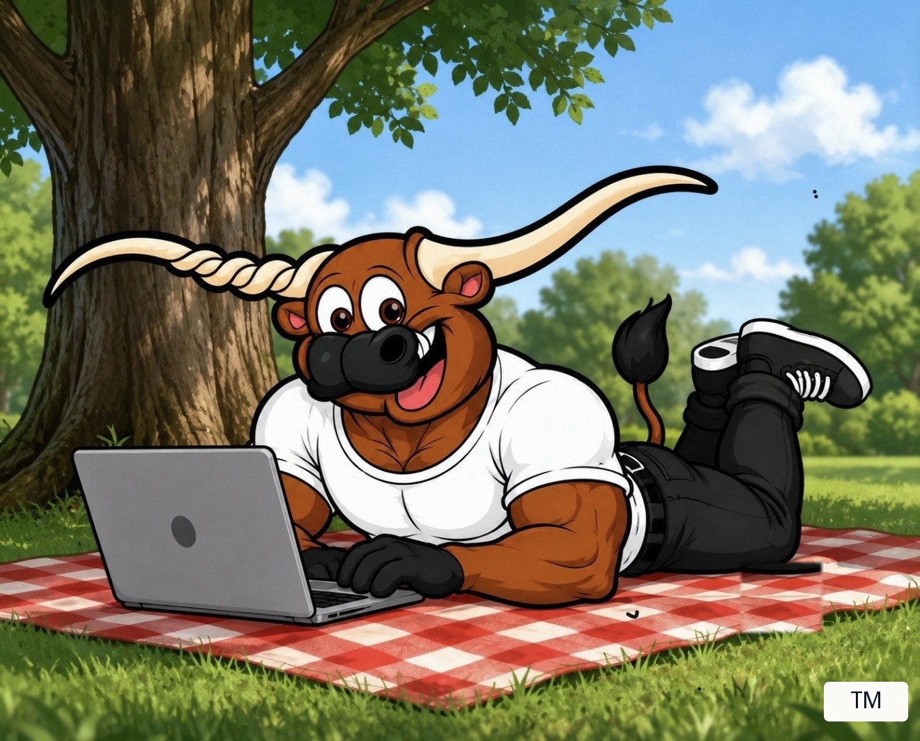 Twisted Spine & Joint Center longhorn mascot using a laptop, facing toward the patient forms information