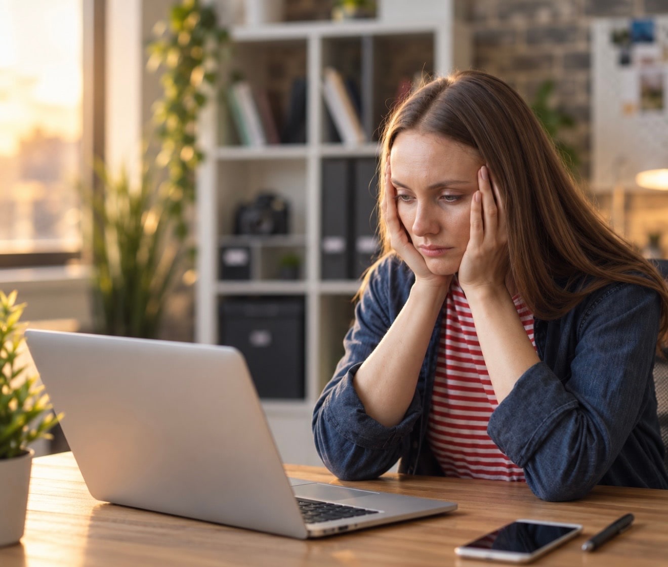 Woman holding her temples while sitting at a laptop