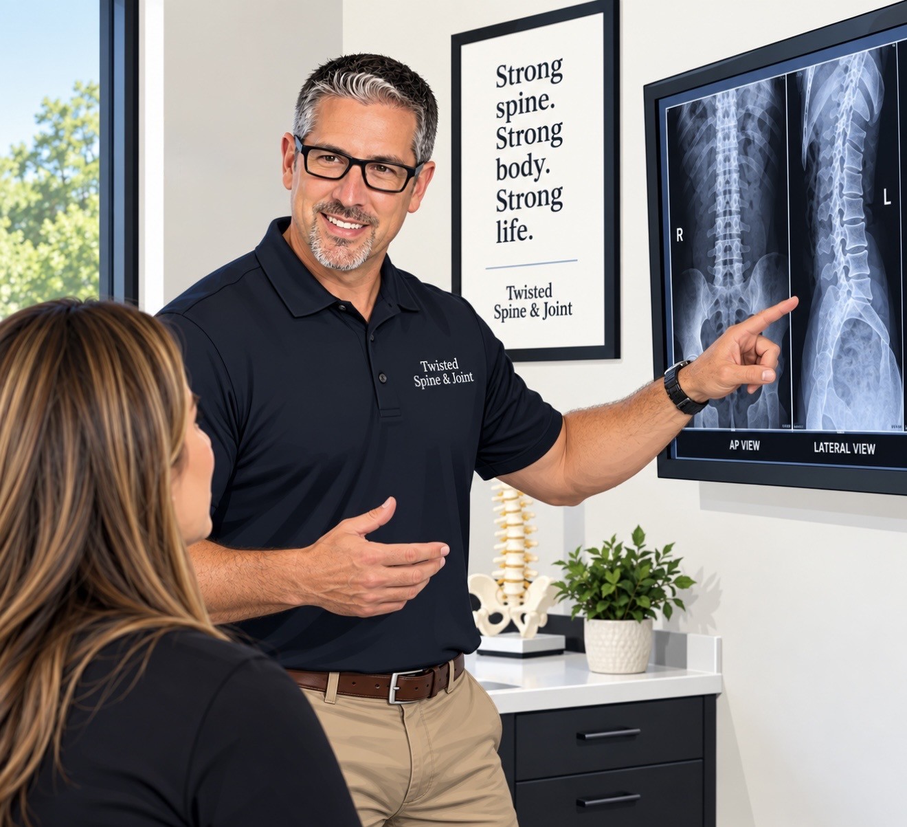 Dr. Bryan Stanton explaining an X-ray to a patient in the clinic