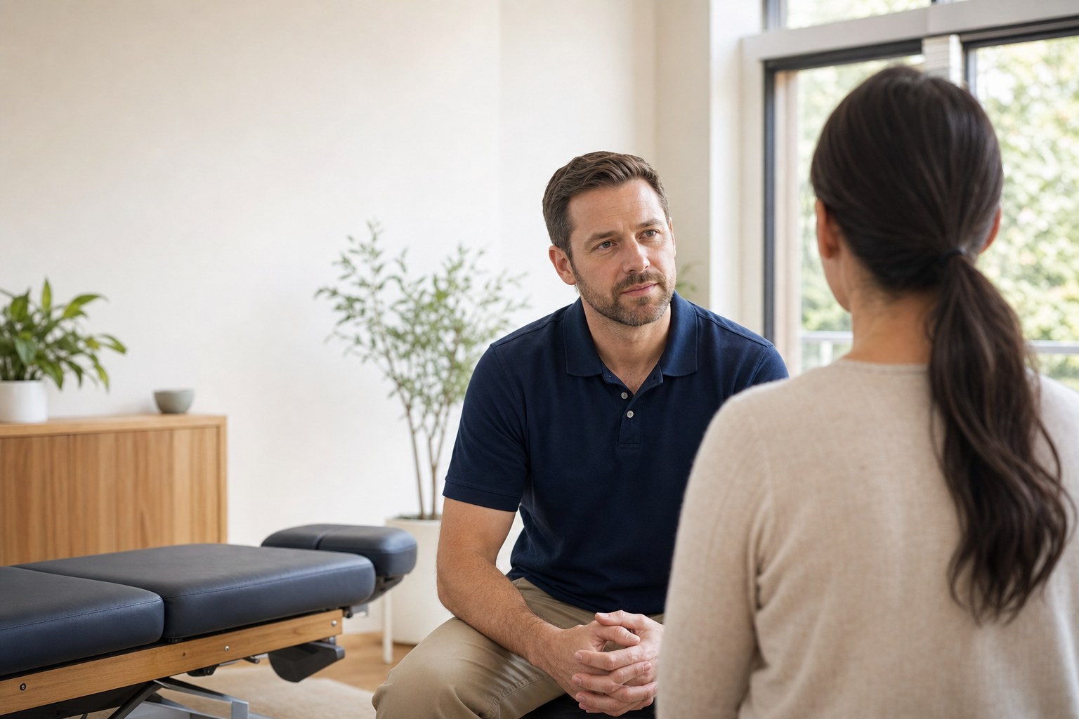 Chiropractor listening carefully to an adult patient in a bright clinic