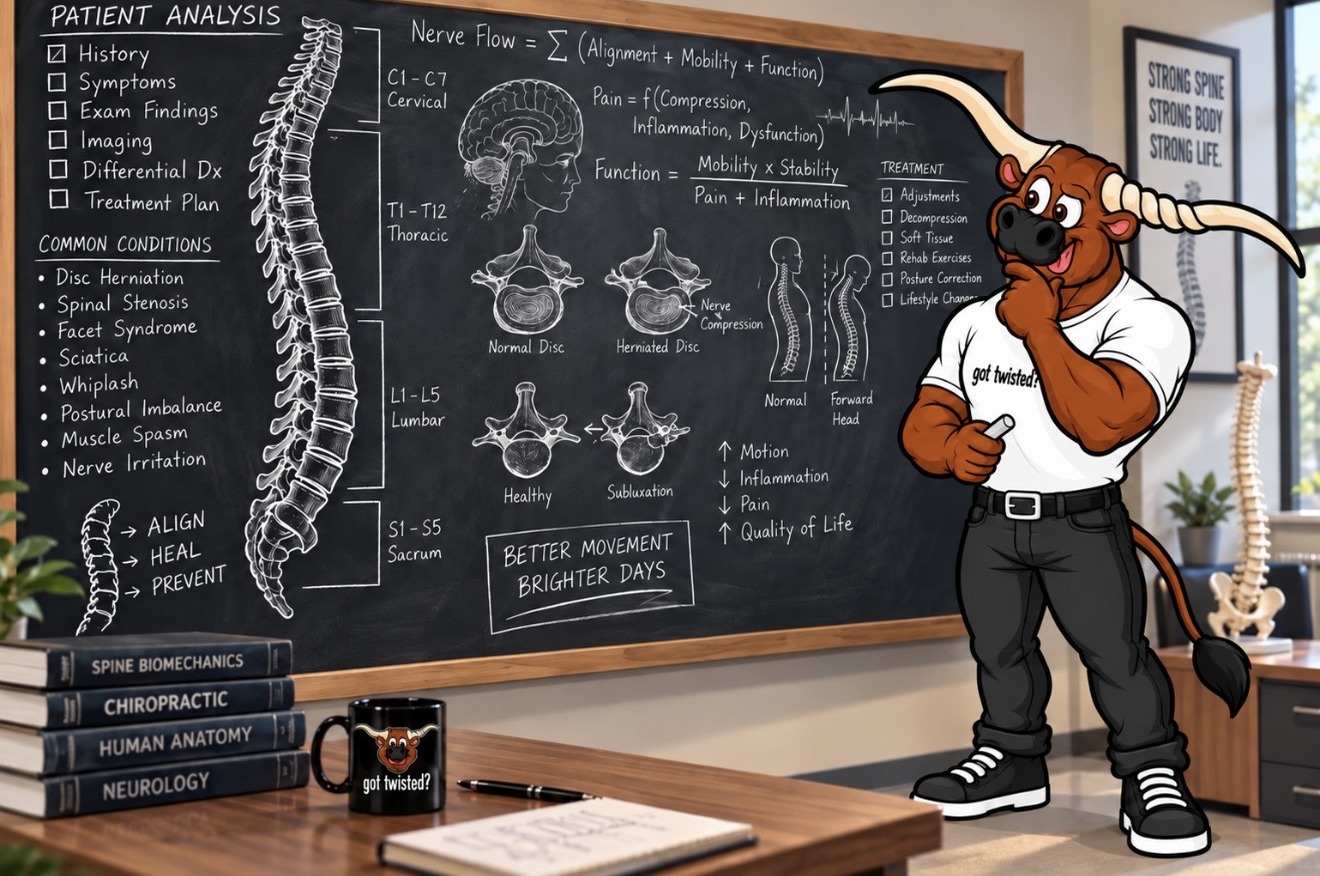 Chiropractic patient analysis board with the Twisted Spine & Joint Center mascot