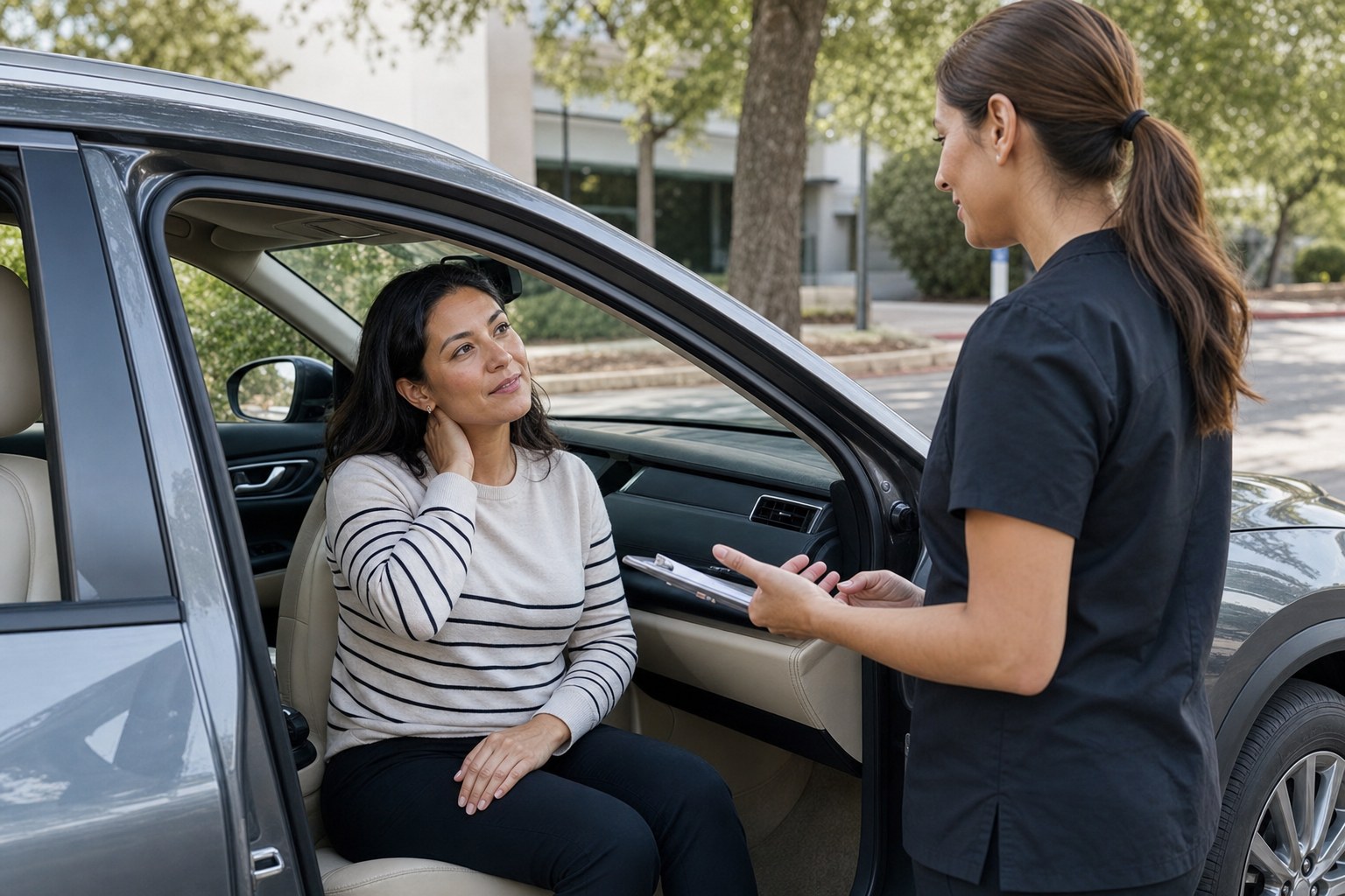Adult speaking with a clinician after an auto injury