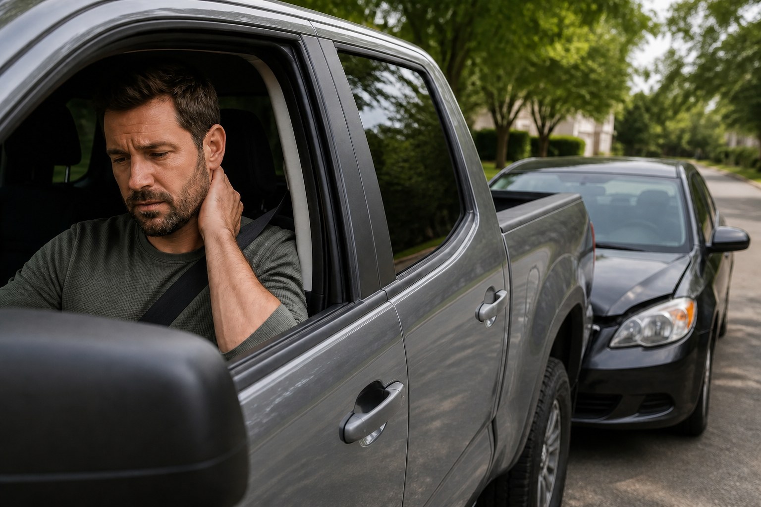 Man in a pickup truck holding his neck after a rear-end collision