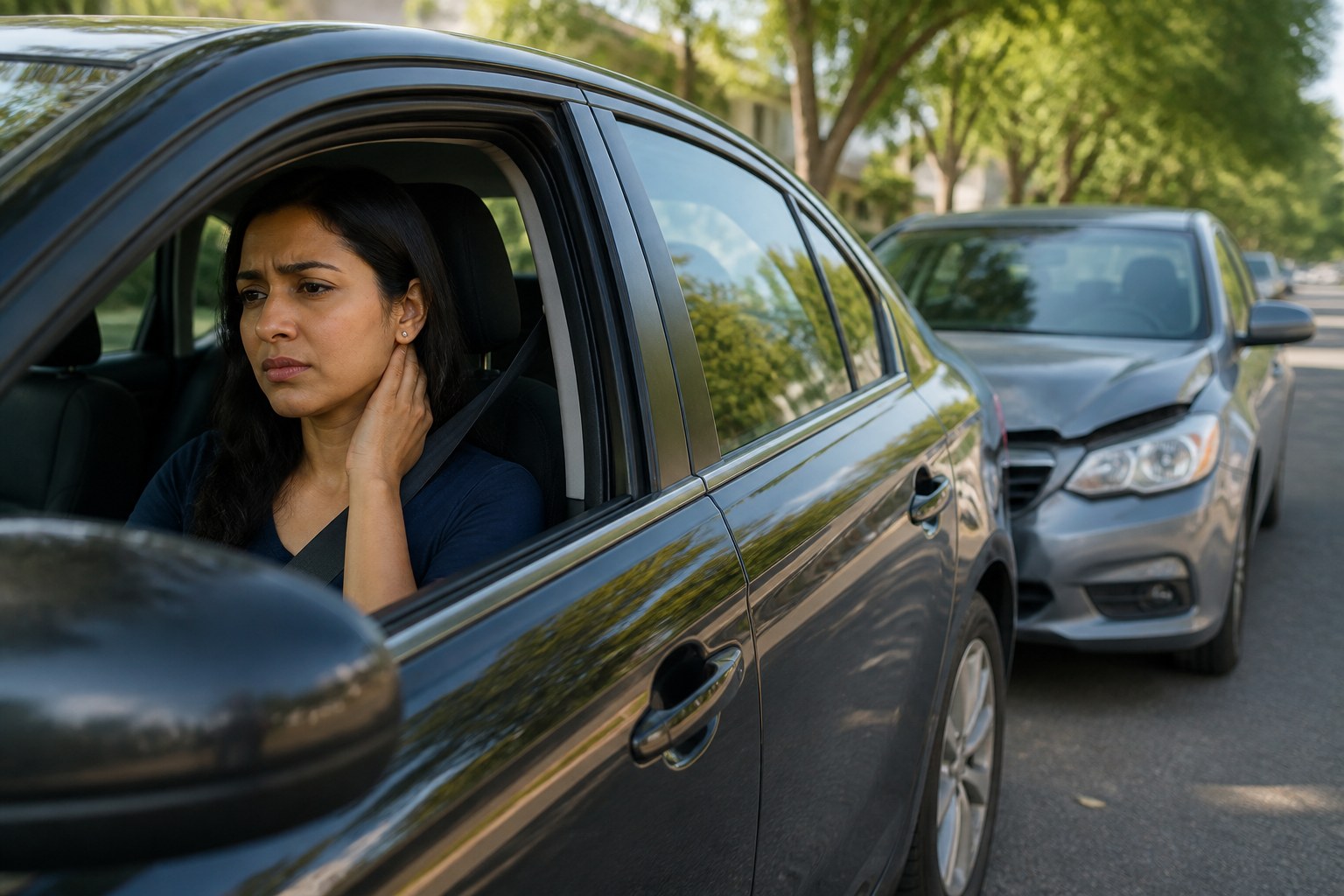 Indian woman holding her neck after a minor rear-end collision
