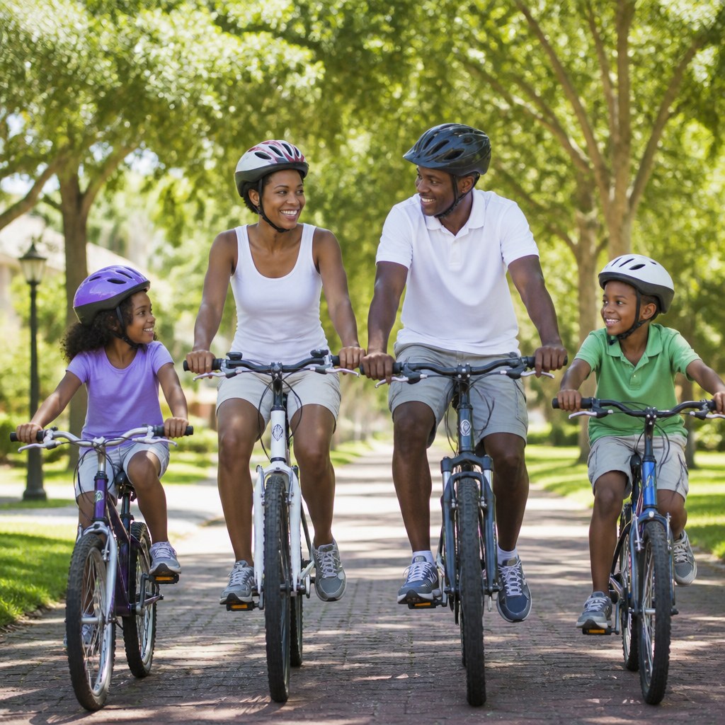 Happy Black family riding bicycles together outdoors
