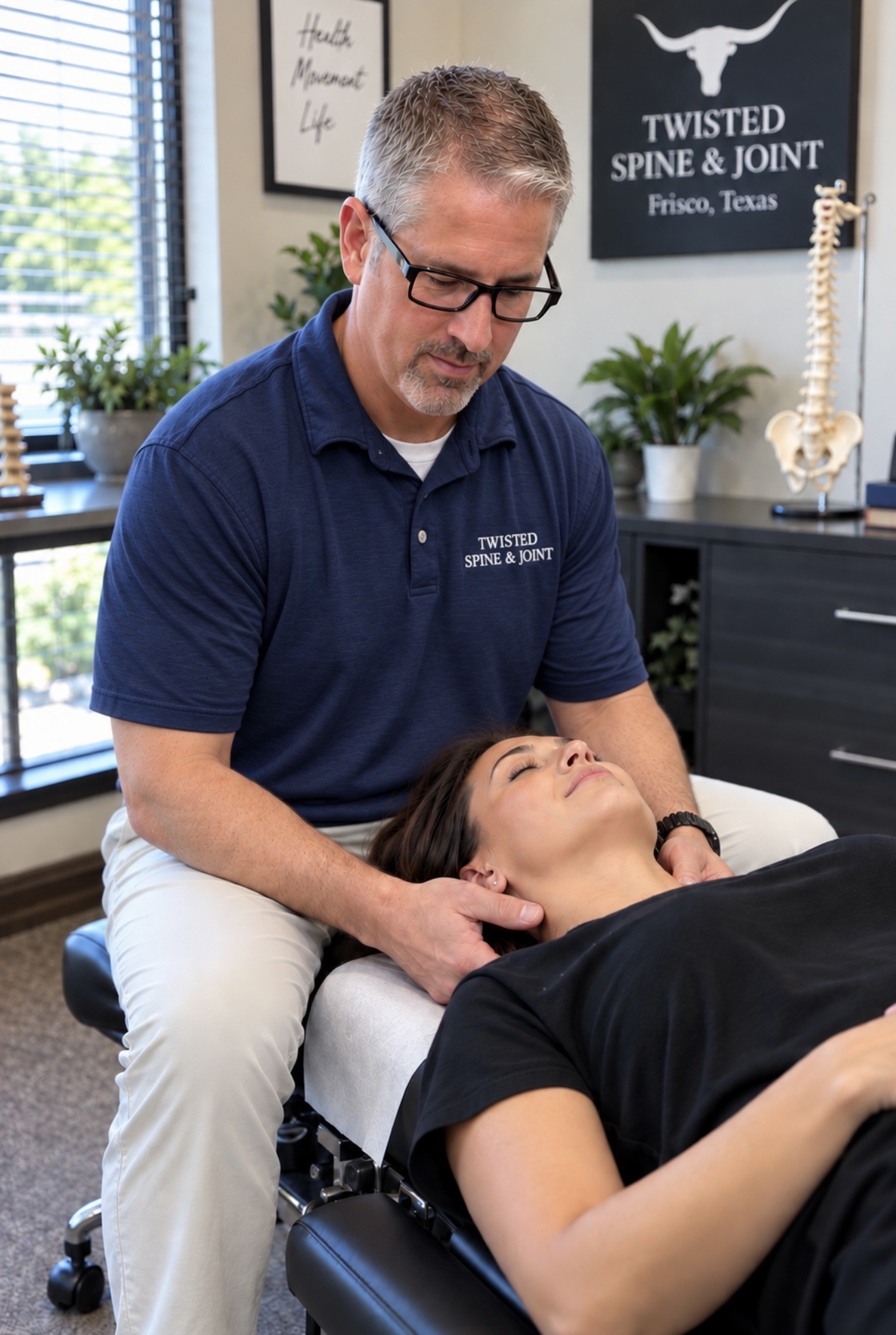 Dr. Bryan Stanton providing gentle neck support to a patient