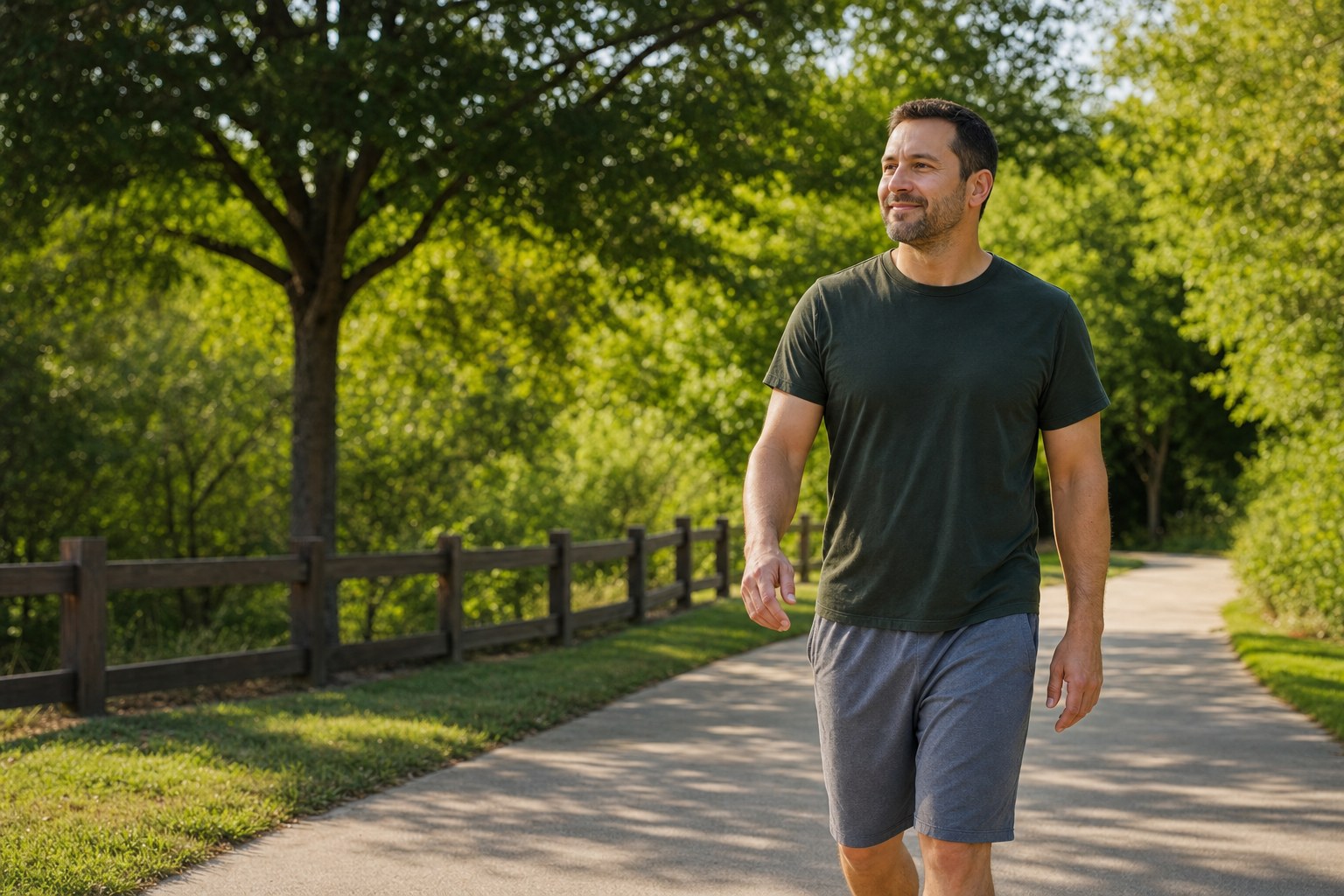 Adult walking comfortably on a shaded neighborhood trail