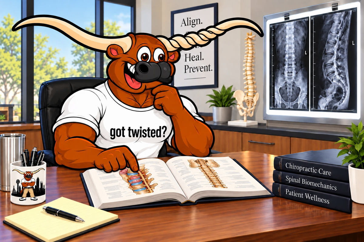 Twisted Spine & Joint steer mascot reading a spine health book at a desk