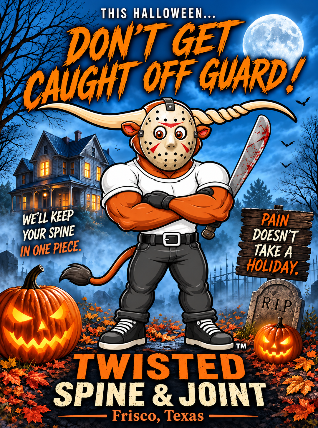 Twisted Spine & Joint Halloween artwork: Don’t get caught off guard. We’ll keep your spine in one piece. Pain doesn’t take a holiday.