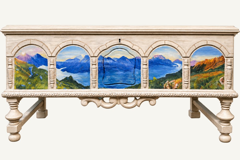 Sunrise at Lake Como, a hand-painted cedar chest by Wendy Molinaroli
