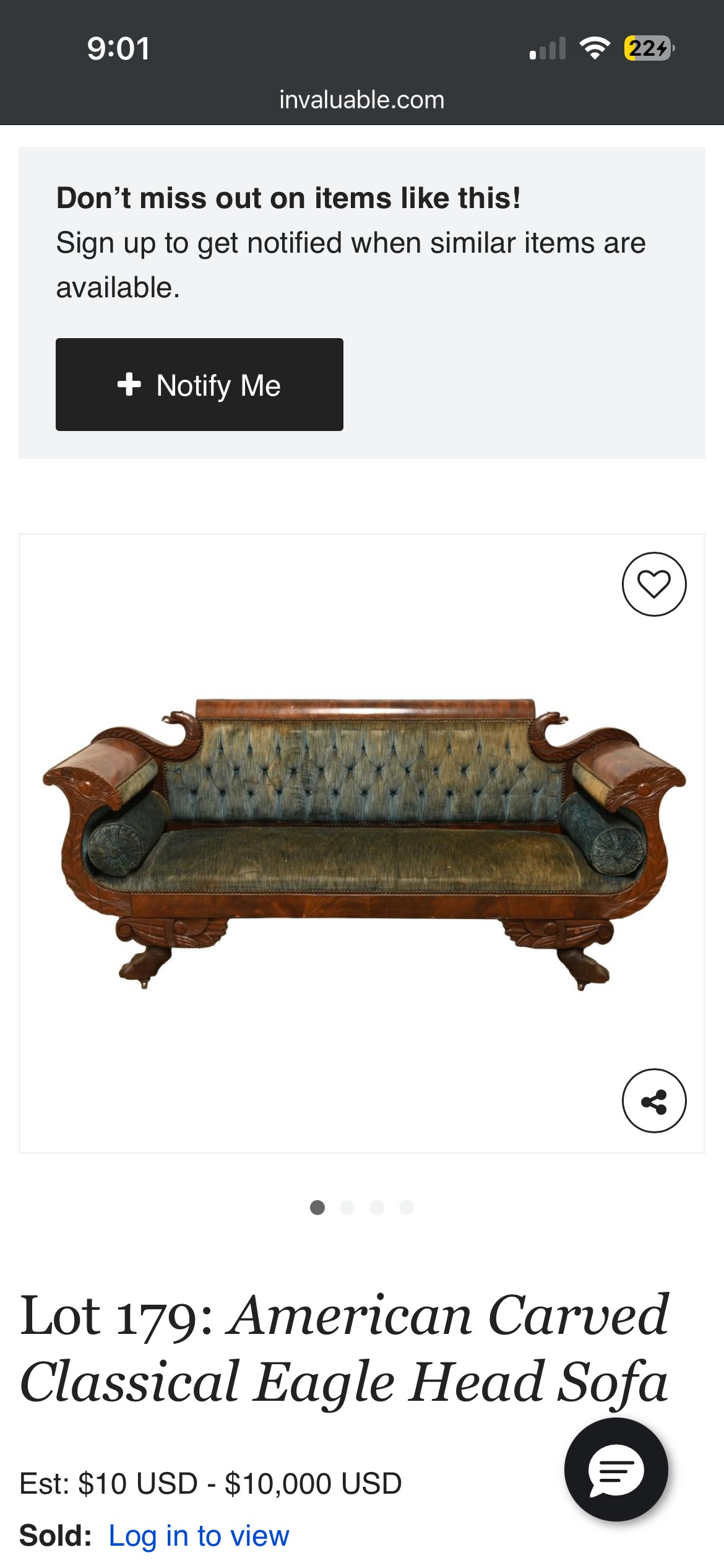 Reference image of a similar American Classical eagle-head sofa in good condition, showing what mine might once have looked like. This is not my sofa.
