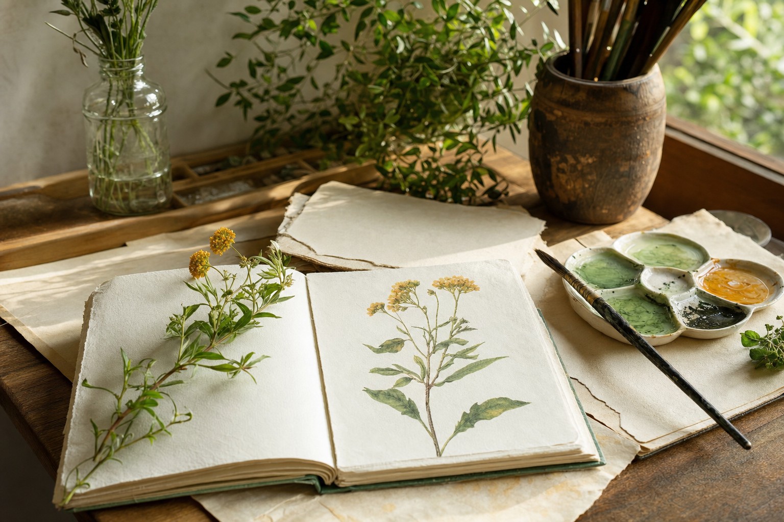 Watercolor botanical study and paint palette in Wendy Molinaroli’s studio