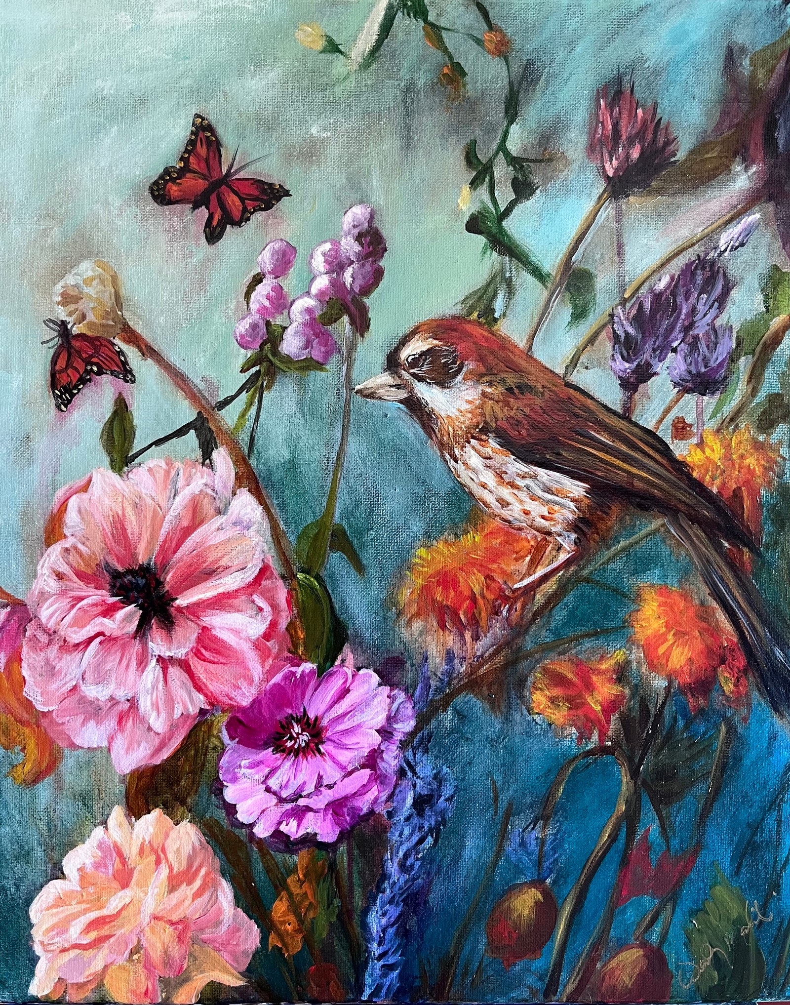 Where the Garden Sings, the finished acrylic painting by Wendy Molinaroli, with a bird, butterflies, and colorful flowers
